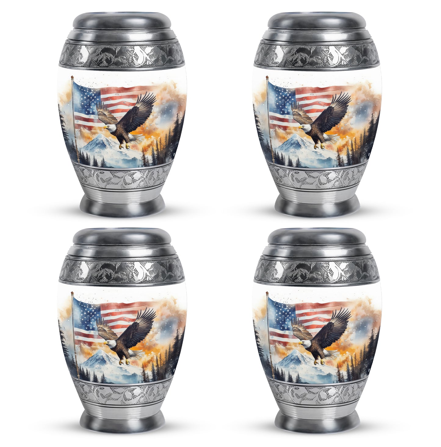 Chrome Silver Eagle Cremation Urn urn with complimentary velvet bag - majestic eagle pattern with filigree border - 10 inch aluminum urn for cremated remains