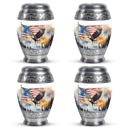 Chrome Silver Eagle Cremation Urn urn with complimentary velvet bag - majestic eagle pattern with filigree border - 10 inch aluminum urn for cremated remains
