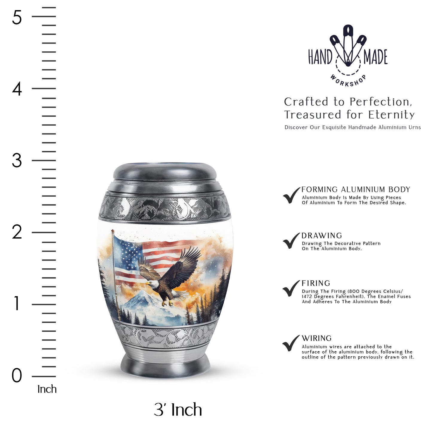 Chrome Silver Eagle Cremation Urn lifestyle display on memorial shelf - majestic eagle pattern with filigree border - mini keepsake memorial for portion of cremation ashes