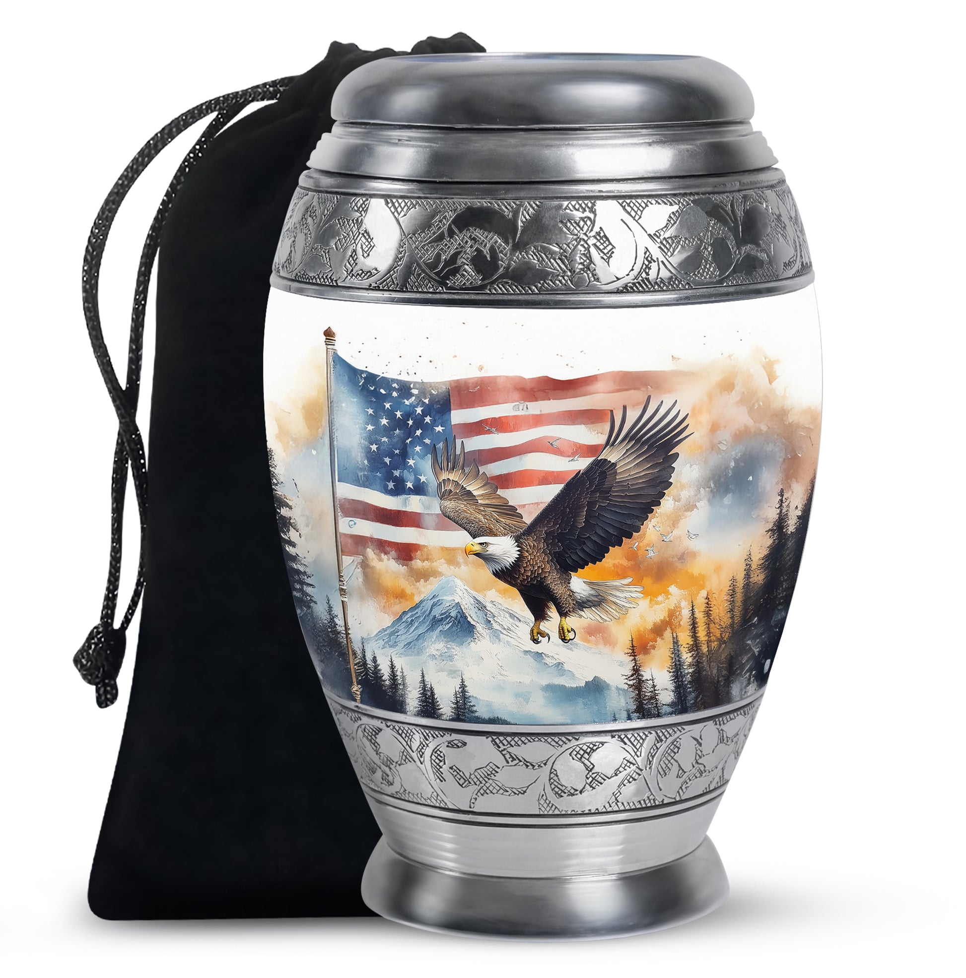 Sterling Silver Eagle Cremation Urn back view with polished surface - regal eagle design with crown-inspired accents - full-size 10 inch 200 cubic inch adult cremation urn