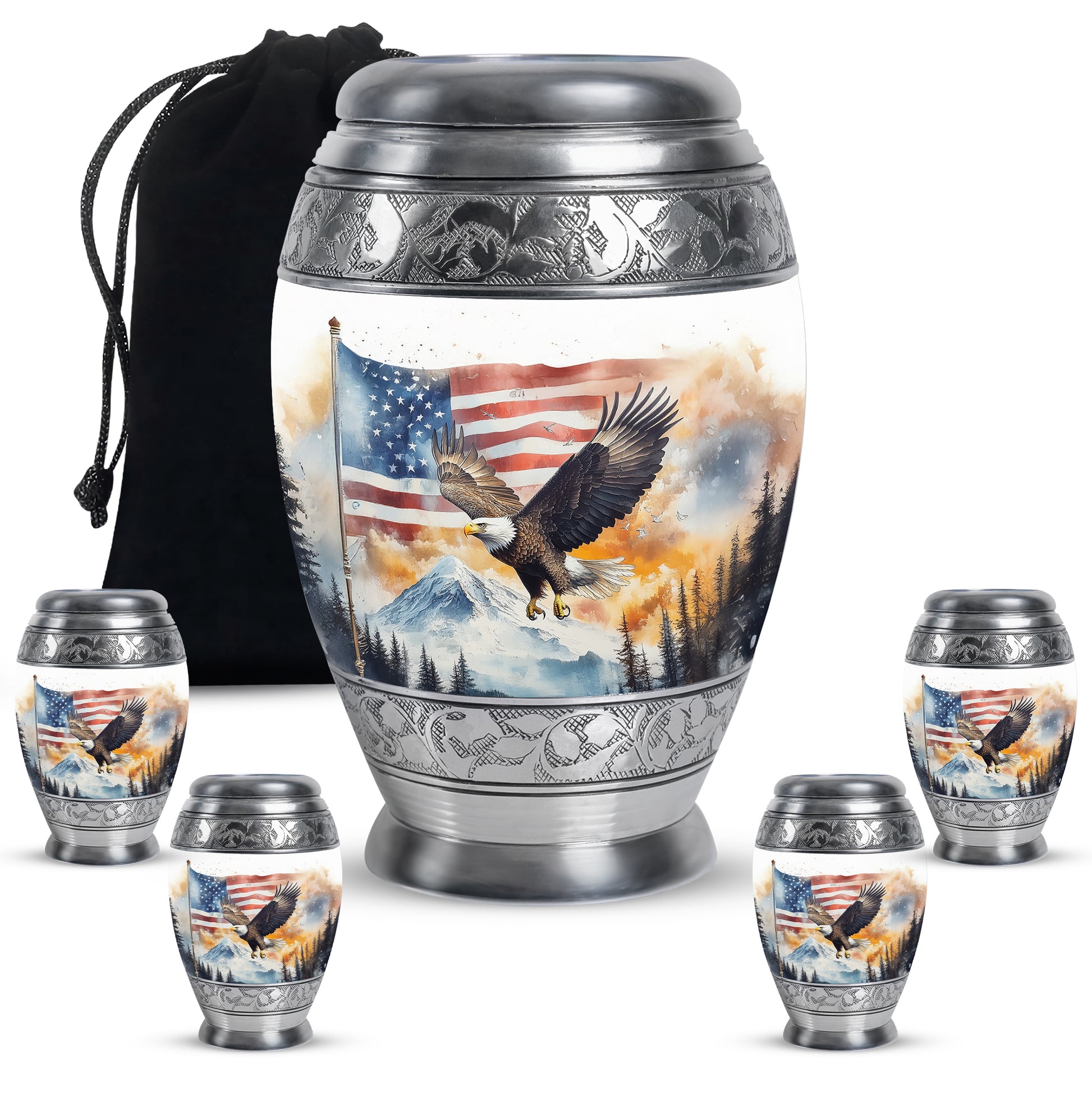 Chrome Silver Eagle Cremation Urn detail view - royal eagle engraving with decorative scrollwork - memorial set with one large and four small urns