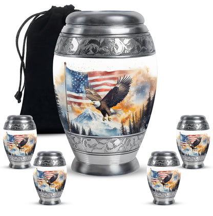 Chrome Silver Eagle Cremation Urn detail view - royal eagle engraving with decorative scrollwork - memorial set with one large and four small urns