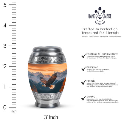 Burnished Gold Eagle Cremation Urn lifestyle display on memorial shelf - royal eagle engraving with decorative scrollwork - mini keepsake memorial for portion of cremation ashes