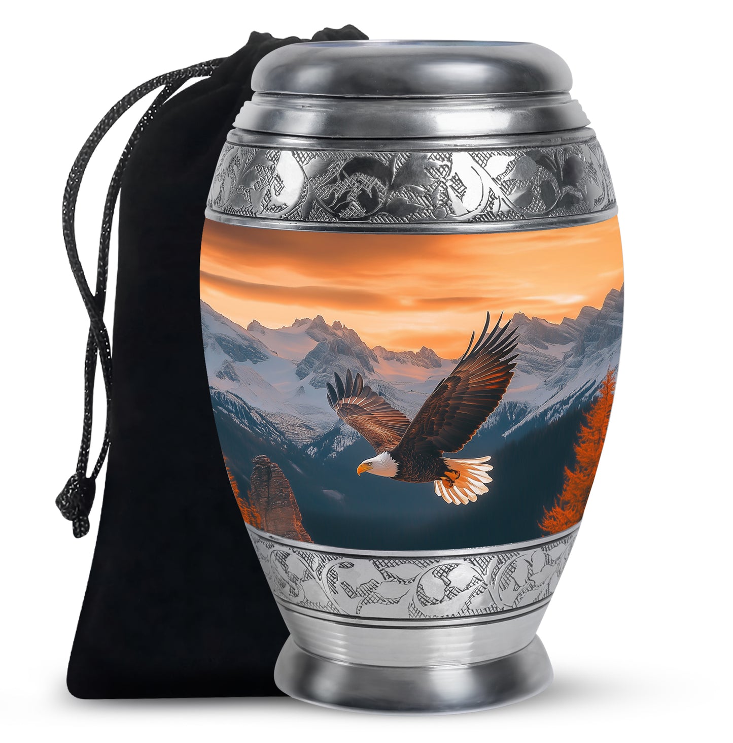 Antique Gold Eagle Cremation Urn back view with polished surface - regal eagle design with crown-inspired accents - full-size 10 inch 200 cubic inch adult cremation urn