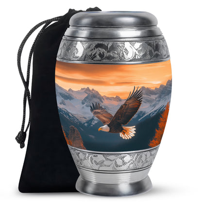 Antique Gold Eagle Cremation Urn back view with polished surface - regal eagle design with crown-inspired accents - full-size 10 inch 200 cubic inch adult cremation urn