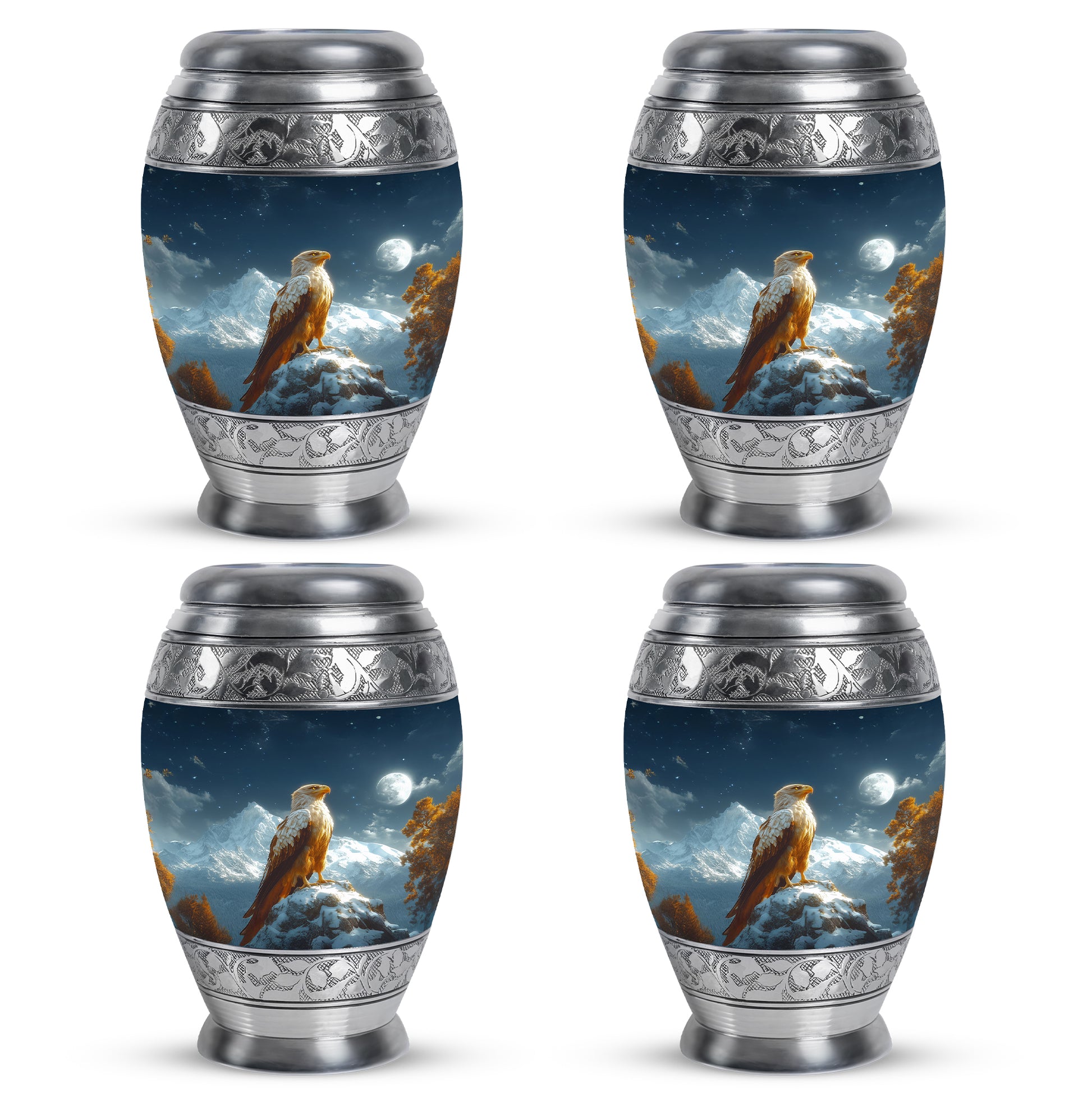 Bright Blue Eagle Cremation Urn urn with complimentary velvet bag - royal eagle engraving with decorative scrollwork - 10 inch aluminum urn for cremated remains