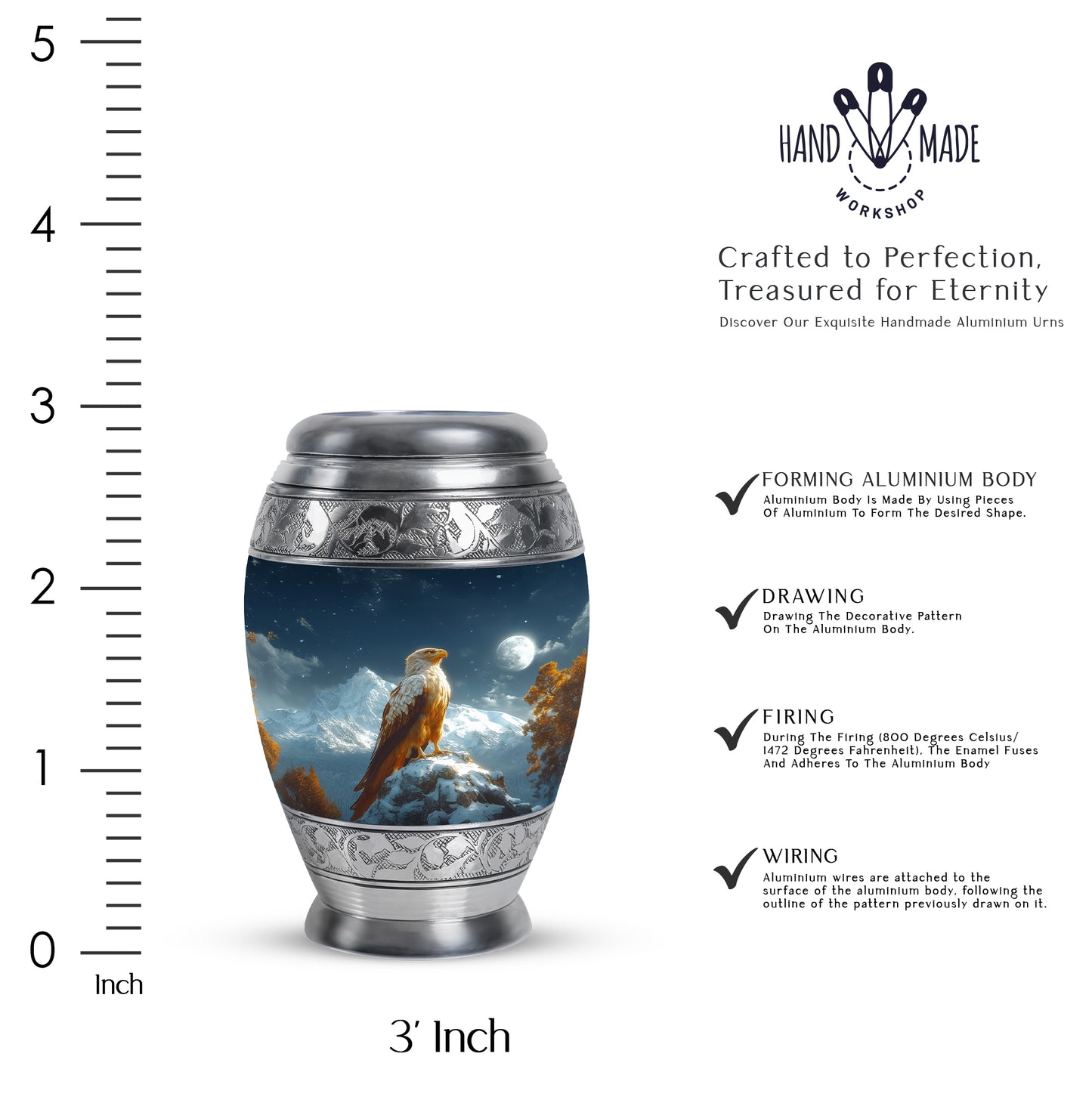 Slate Blue Eagle Cremation Urn lifestyle display on memorial shelf - ornate monarch-style eagle relief on brushed aluminum - mini keepsake memorial for portion of cremation ashes