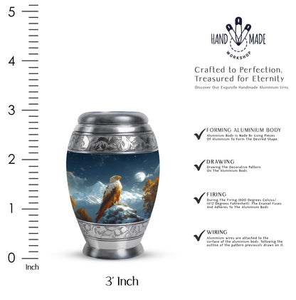 Slate Blue Eagle Cremation Urn lifestyle display on memorial shelf - ornate monarch-style eagle relief on brushed aluminum - mini keepsake memorial for portion of cremation ashes