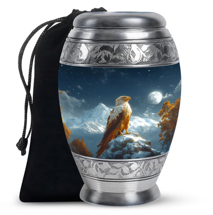 Cobalt Blue Eagle Cremation Urn back view with polished surface - royal eagle engraving with decorative scrollwork - full-size 10 inch 200 cubic inch adult cremation urn