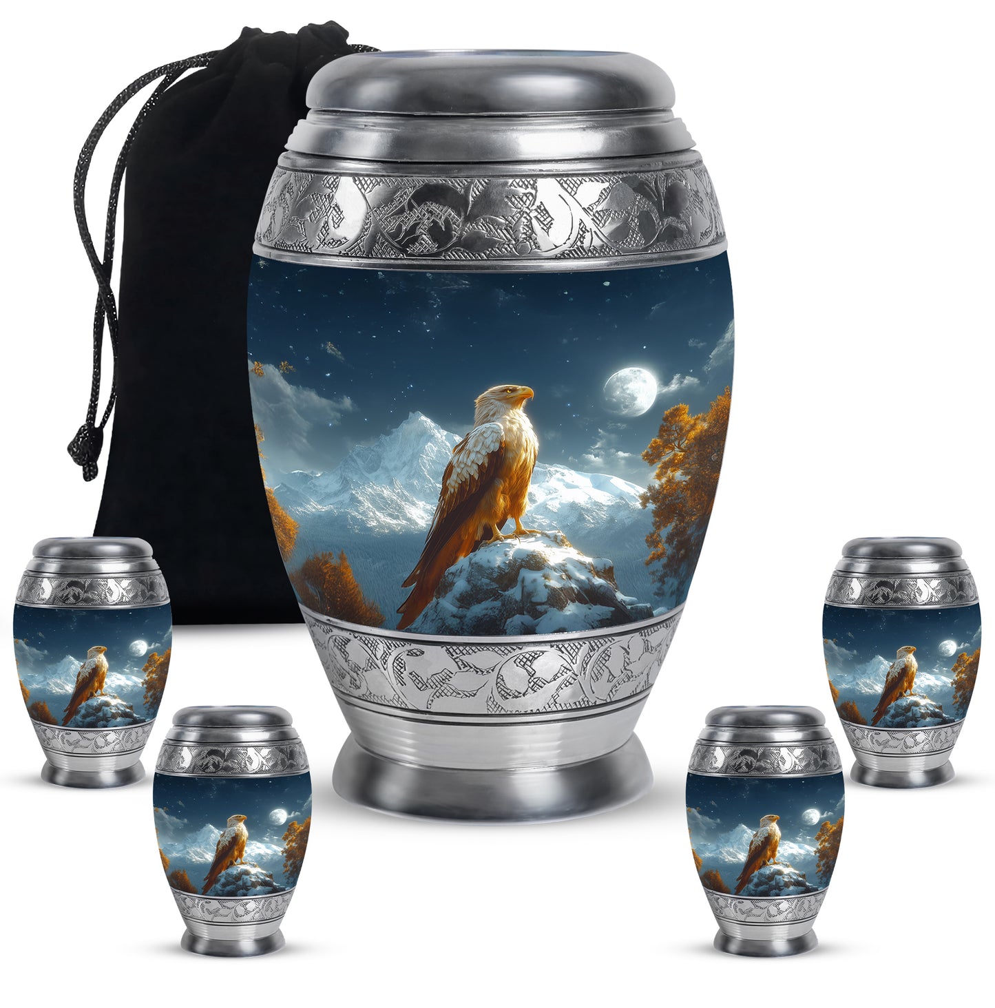 Pastel Blue Eagle Cremation Urn detail view - regal eagle design with crown-inspired accents - memorial set with one large and four small urns