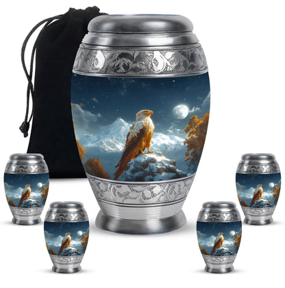 Pastel Blue Eagle Cremation Urn detail view - regal eagle design with crown-inspired accents - memorial set with one large and four small urns