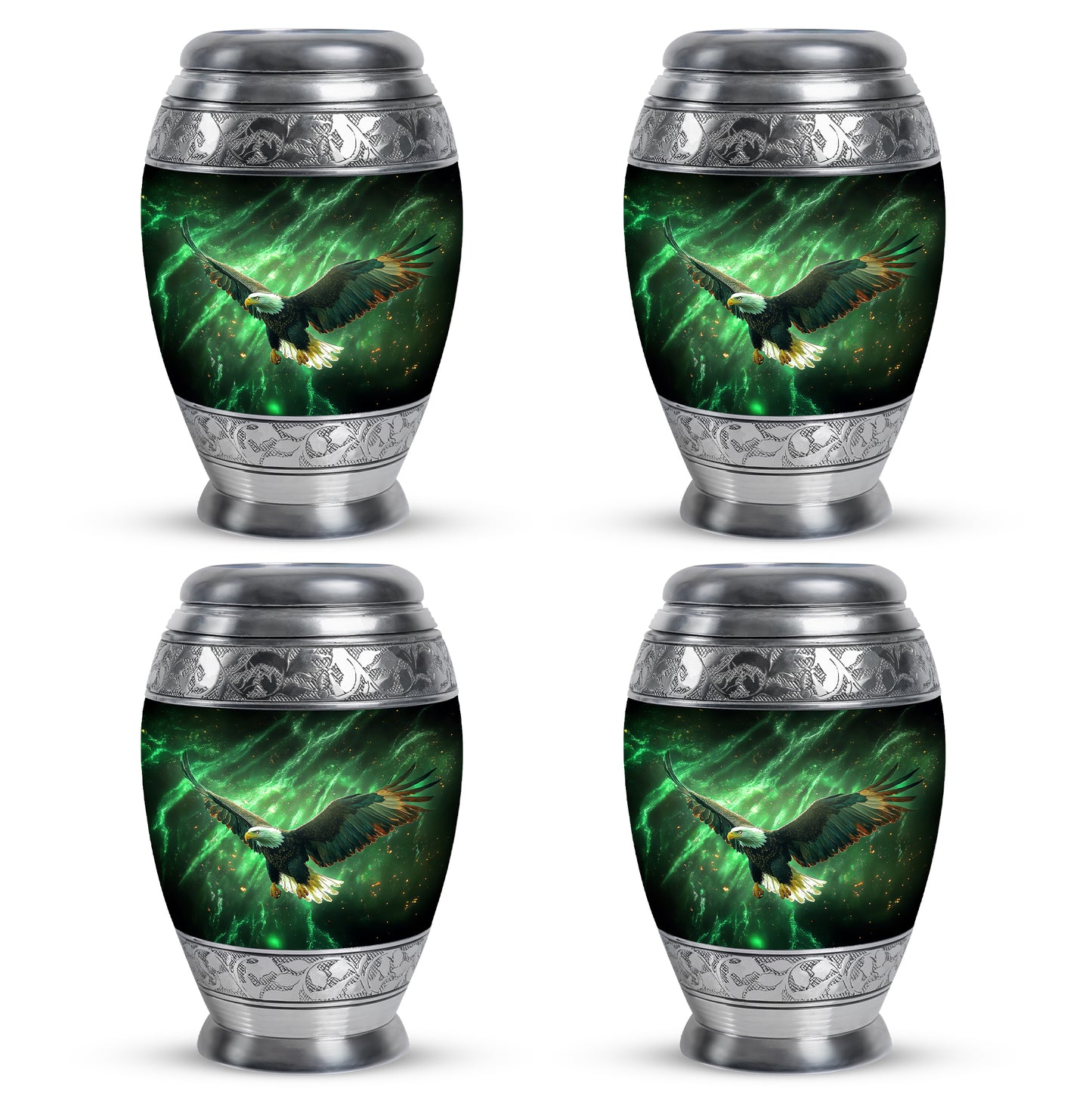 Forest Green Eagle Cremation Urn urn with complimentary velvet bag - majestic eagle pattern with filigree border - 10 inch aluminum urn for cremated remains