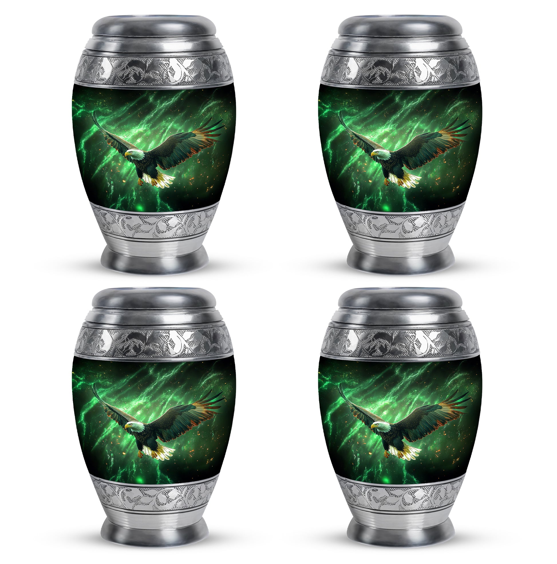 Forest Green Eagle Cremation Urn urn with complimentary velvet bag - majestic eagle pattern with filigree border - 10 inch aluminum urn for cremated remains