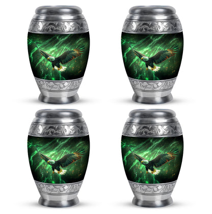 Forest Green Eagle Cremation Urn urn with complimentary velvet bag - majestic eagle pattern with filigree border - 10 inch aluminum urn for cremated remains