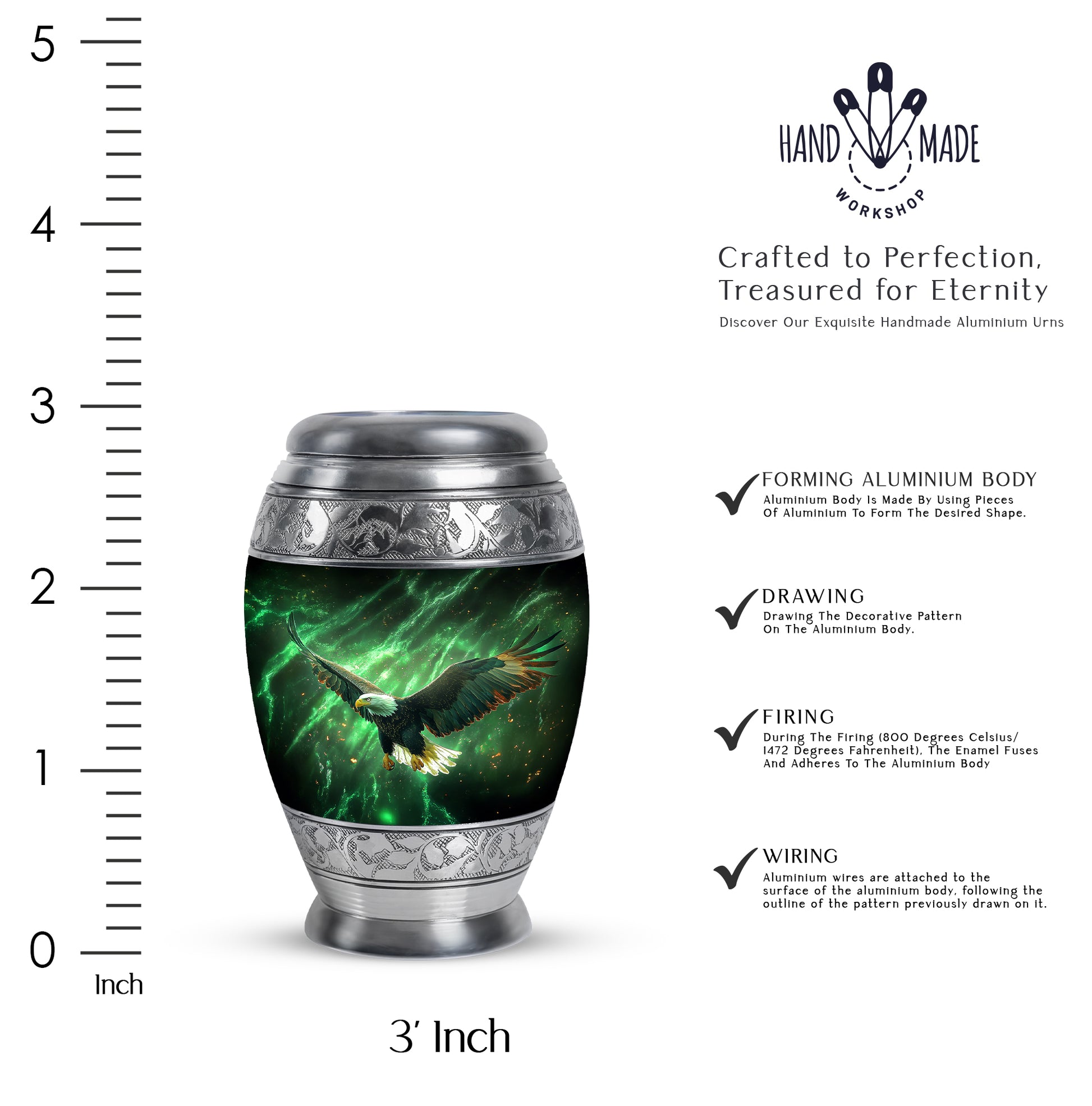 Jade Green Eagle Cremation Urn lifestyle display on memorial shelf - regal eagle design with crown-inspired accents - mini keepsake memorial for portion of cremation ashes
