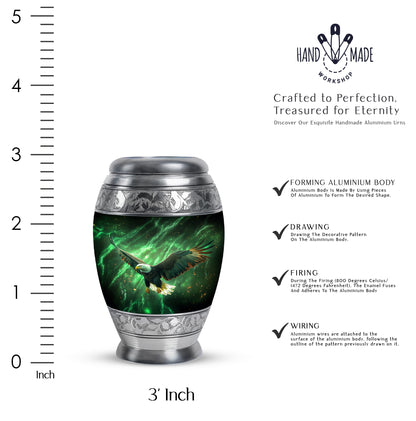 Jade Green Eagle Cremation Urn lifestyle display on memorial shelf - regal eagle design with crown-inspired accents - mini keepsake memorial for portion of cremation ashes
