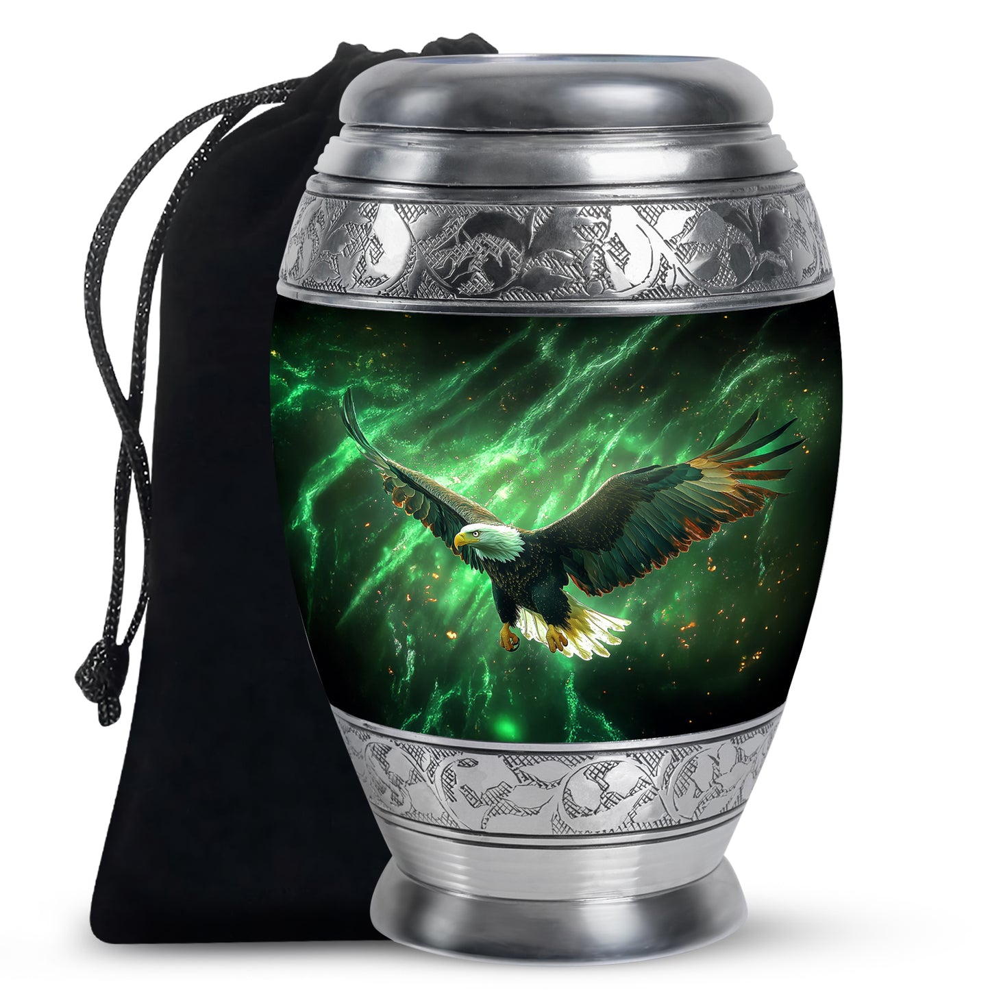 Pine Green Eagle Cremation Urn back view with polished surface - royal eagle engraving with decorative scrollwork - full-size 10 inch 200 cubic inch adult cremation urn