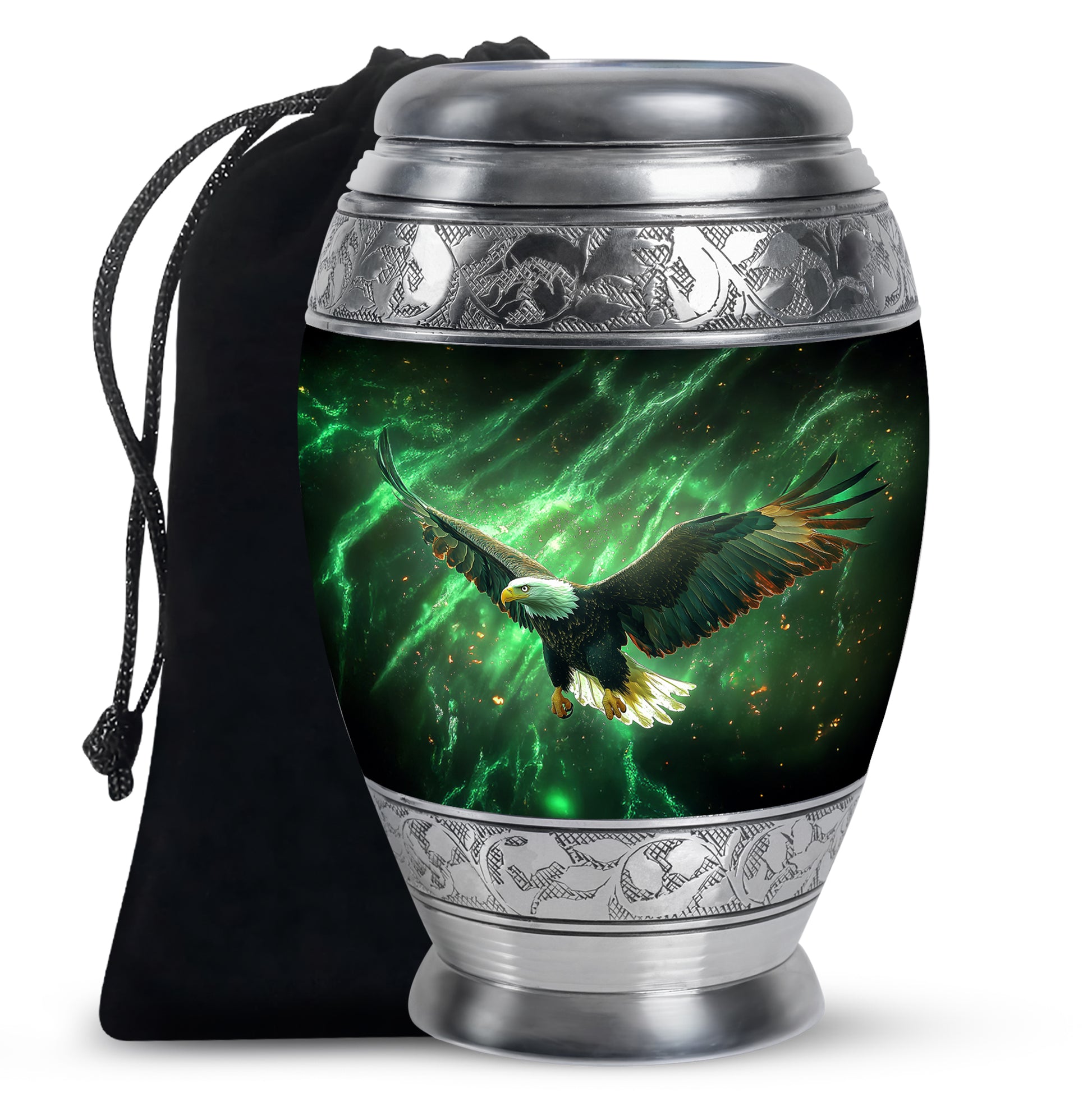 Pine Green Eagle Cremation Urn back view with polished surface - royal eagle engraving with decorative scrollwork - full-size 10 inch 200 cubic inch adult cremation urn