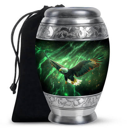 Pine Green Eagle Cremation Urn back view with polished surface - royal eagle engraving with decorative scrollwork - full-size 10 inch 200 cubic inch adult cremation urn