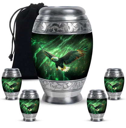 Jade Green Eagle Cremation Urn detail view - regal eagle design with crown-inspired accents - memorial set with one large and four small urns