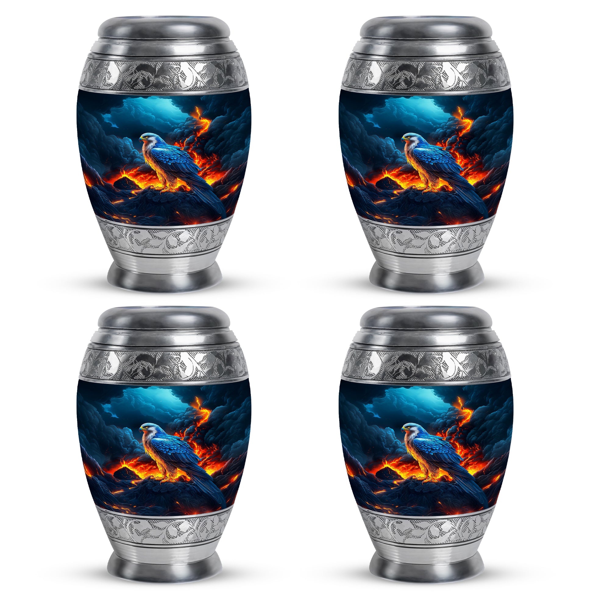 Vivid Blue Eagle Cremation Urn urn with complimentary velvet bag - majestic eagle pattern with filigree border - 10 inch aluminum urn for cremated remains