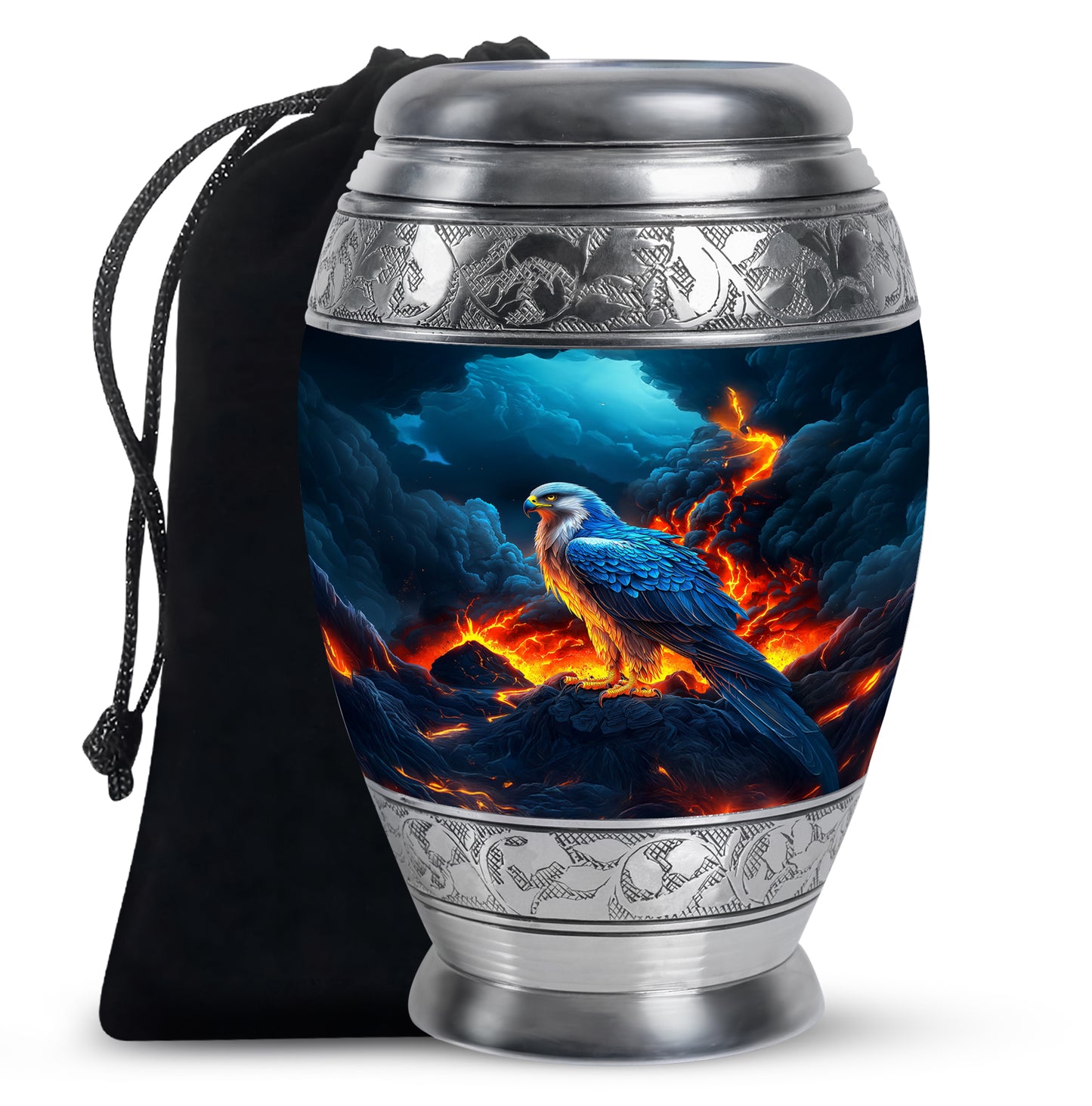 Royal Blue Eagle Cremation Urn back view with polished surface - majestic eagle pattern with filigree border - full-size 10 inch 200 cubic inch adult cremation urn