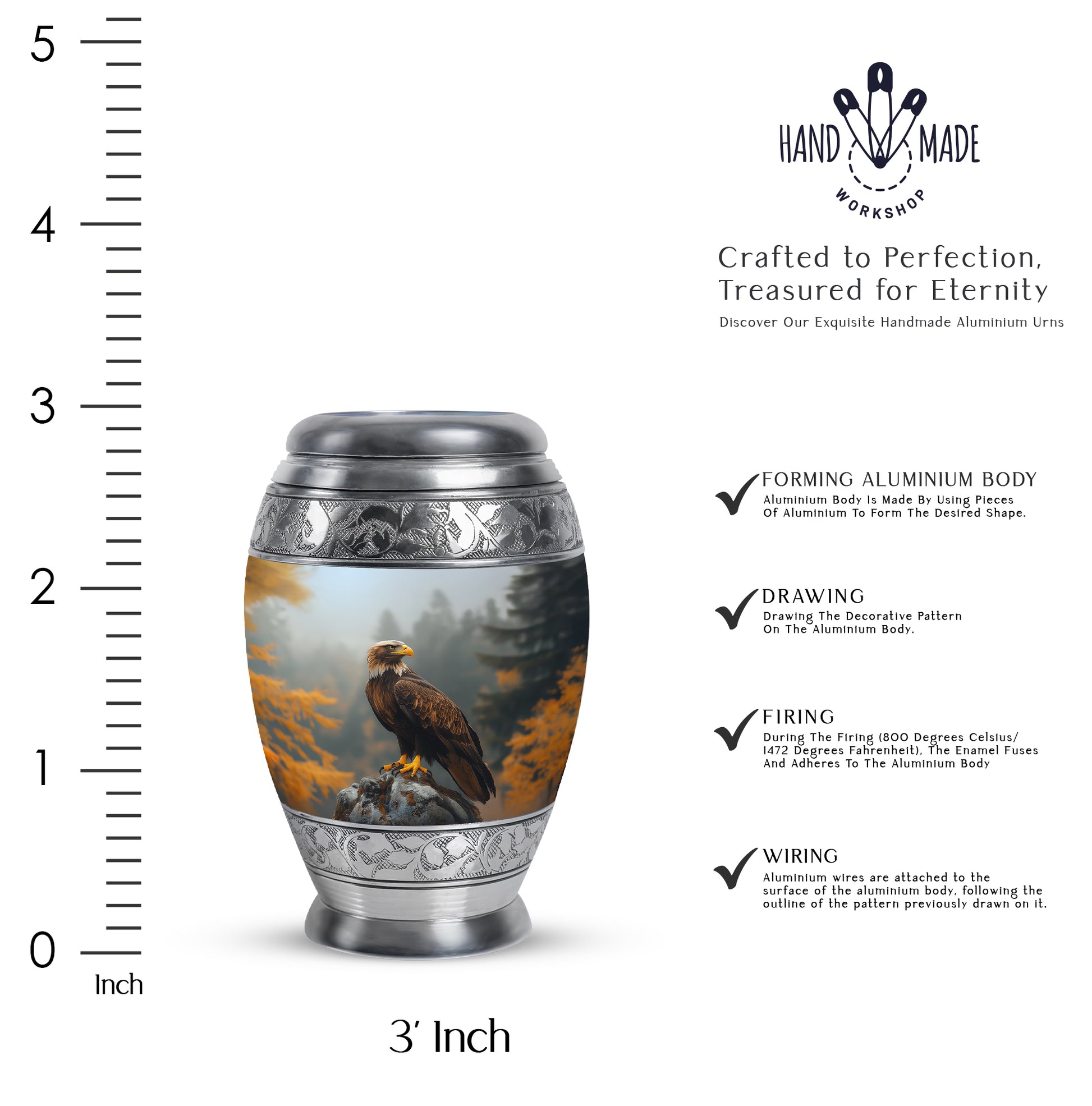 Onyx Black Eagle Cremation Urn lifestyle display on memorial shelf - royal eagle engraving with decorative scrollwork - mini keepsake memorial for portion of cremation ashes