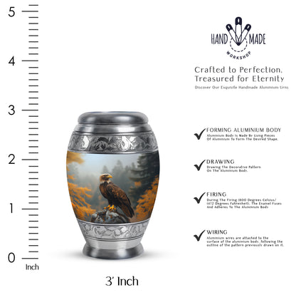 Onyx Black Eagle Cremation Urn lifestyle display on memorial shelf - royal eagle engraving with decorative scrollwork - mini keepsake memorial for portion of cremation ashes