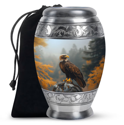 Rich Black Eagle Cremation Urn back view with polished surface - ornate monarch-style eagle relief on brushed aluminum - full-size 10 inch 200 cubic inch adult cremation urn