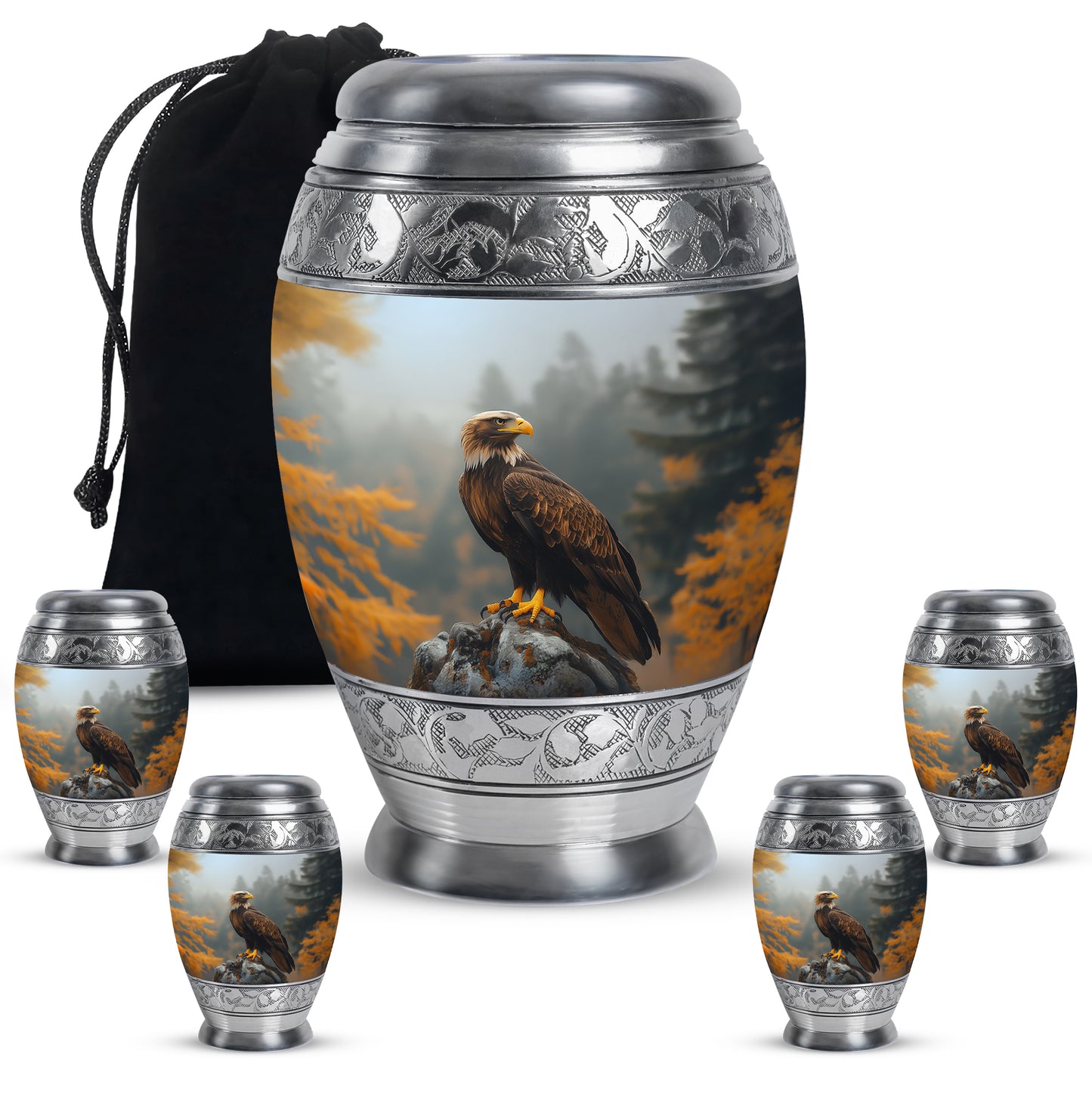 Midnight Black Eagle Cremation Urn detail view - royal eagle engraving with decorative scrollwork - memorial set with one large and four small urns