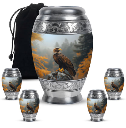 Midnight Black Eagle Cremation Urn detail view - royal eagle engraving with decorative scrollwork - memorial set with one large and four small urns