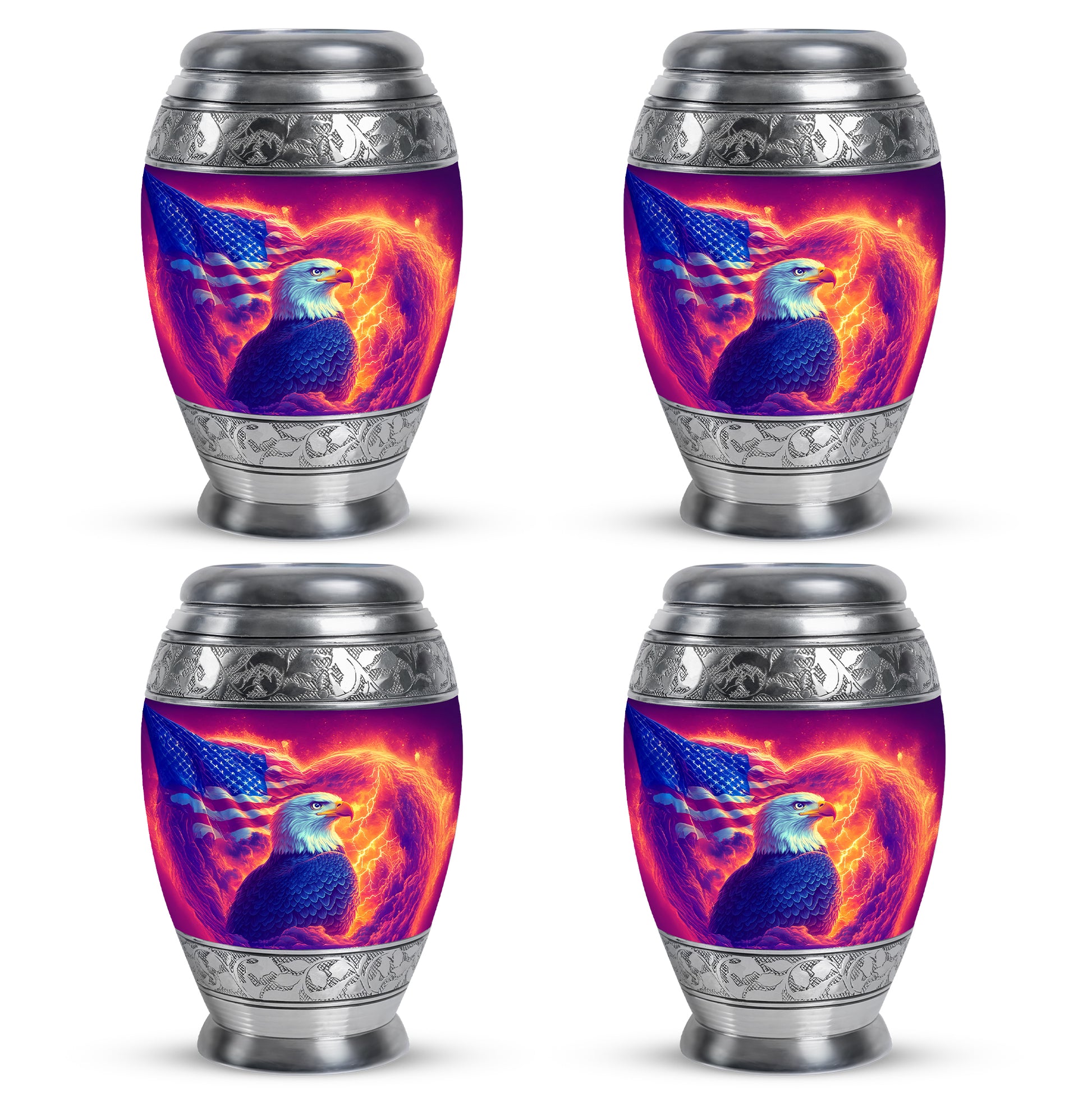 Petal Pink Eagle Cremation Urn urn with complimentary velvet bag - majestic eagle pattern with filigree border - 10 inch aluminum urn for cremated remains