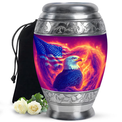 Coral Pink Eagle Cremation Urn back view with polished surface - ornate monarch-style eagle relief on brushed aluminum - full-size 10 inch 200 cubic inch adult cremation urn