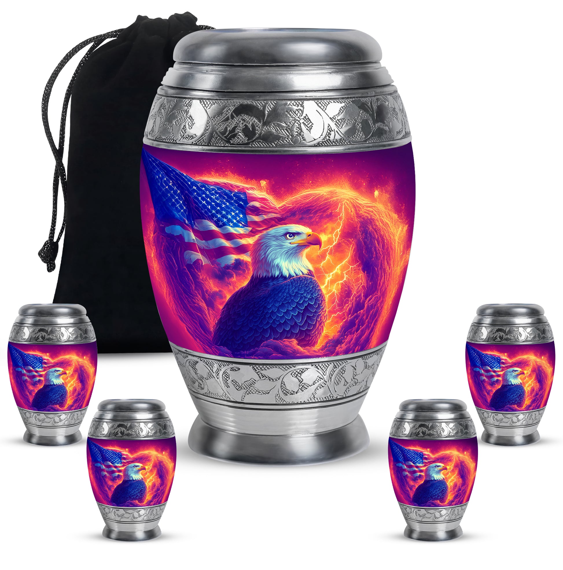 Blush Pink Eagle Cremation Urn detail view - regal eagle design with crown-inspired accents - memorial set with one large and four small urns