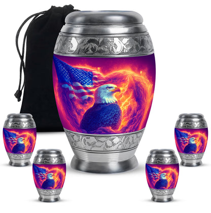 Blush Pink Eagle Cremation Urn detail view - regal eagle design with crown-inspired accents - memorial set with one large and four small urns