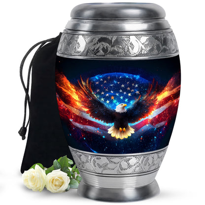 Glossy Black Eagle Cremation Urn back view with polished surface - ornate monarch-style eagle relief on brushed aluminum - full-size 10 inch 200 cubic inch adult cremation urn