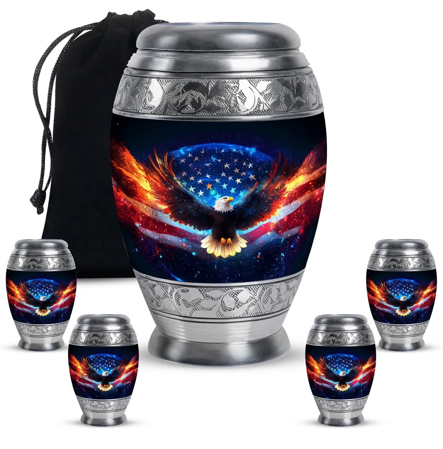 Onyx Black Eagle Cremation Urn detail view - royal eagle engraving with decorative scrollwork - memorial set with one large and four small urns