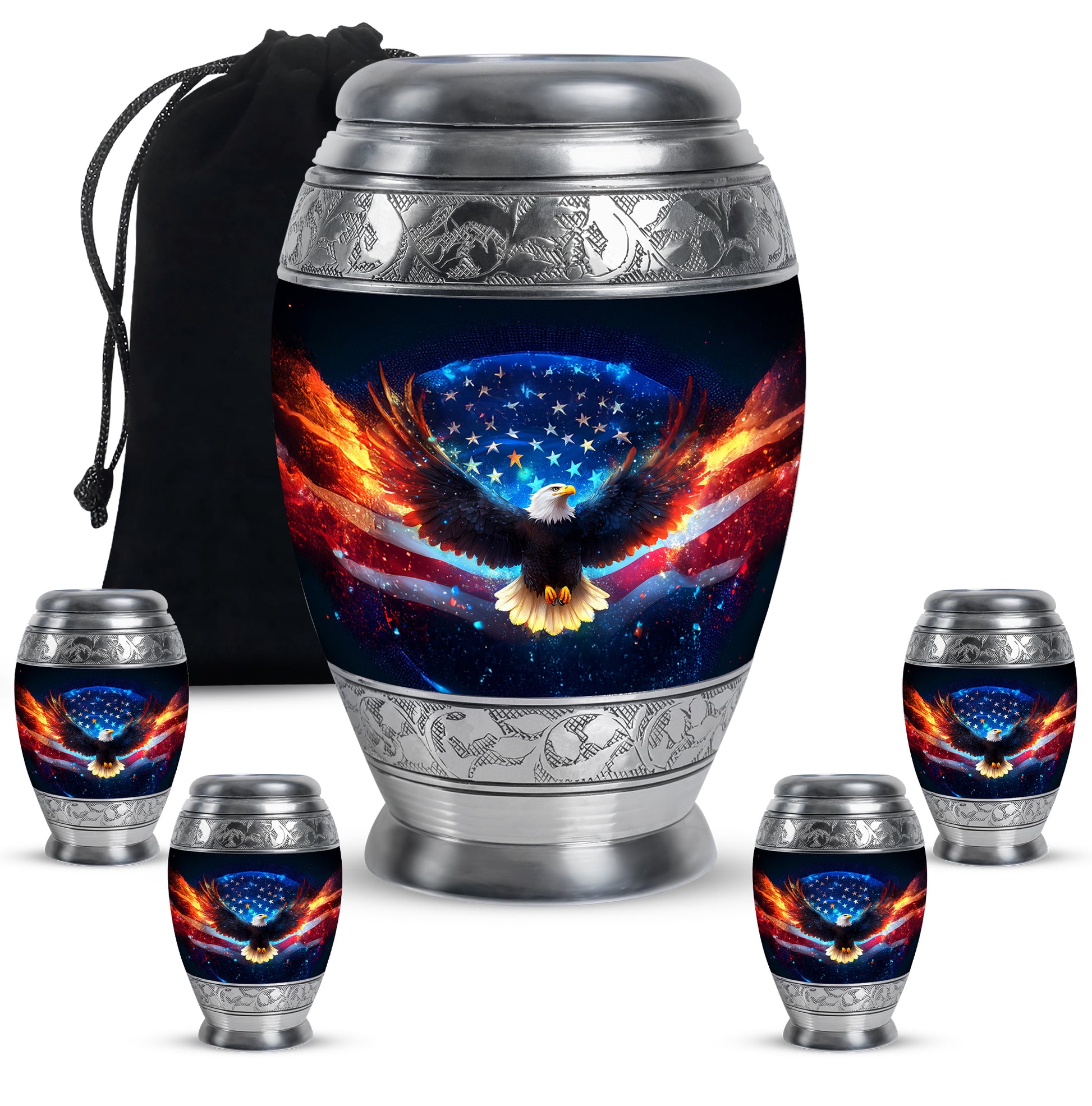 Onyx Black Eagle Cremation Urn detail view - royal eagle engraving with decorative scrollwork - memorial set with one large and four small urns