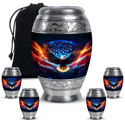 Onyx Black Eagle Cremation Urn detail view - royal eagle engraving with decorative scrollwork - memorial set with one large and four small urns