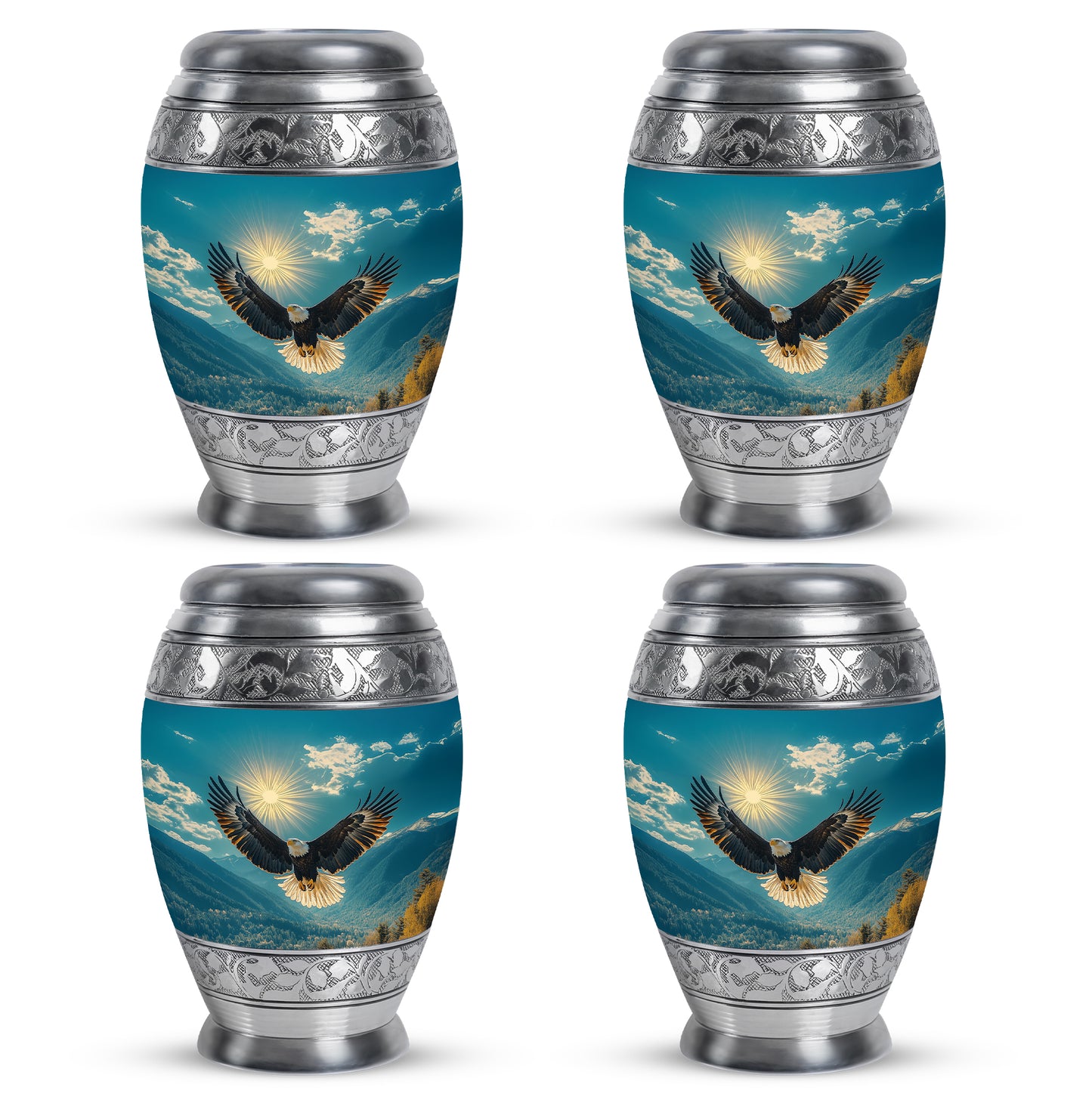 Deep Teal Eagle Cremation Urn urn with complimentary velvet bag - royal eagle engraving with decorative scrollwork - 10 inch aluminum urn for cremated remains