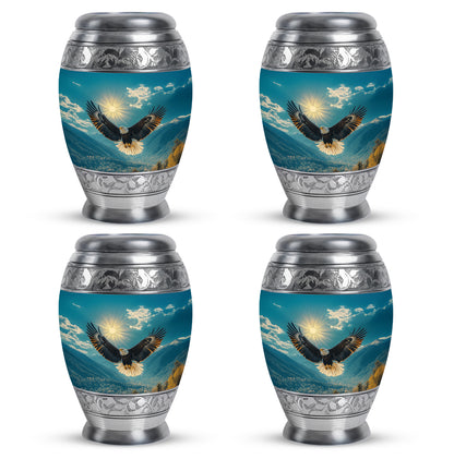 Deep Teal Eagle Cremation Urn urn with complimentary velvet bag - royal eagle engraving with decorative scrollwork - 10 inch aluminum urn for cremated remains