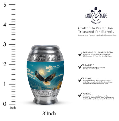 Tropical Teal Eagle Cremation Urn lifestyle display on memorial shelf - royal eagle engraving with decorative scrollwork - mini keepsake memorial for portion of cremation ashes