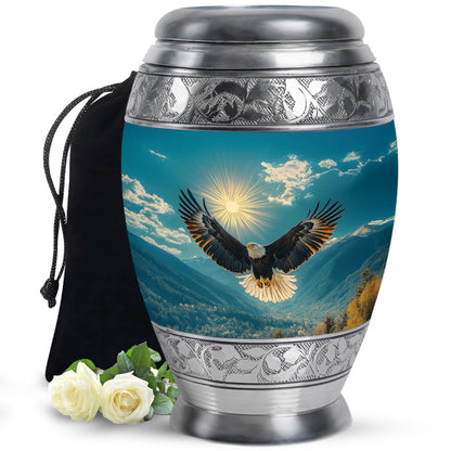 Ocean Teal Eagle Cremation Urn back view with polished surface - regal eagle design with crown-inspired accents - full-size 10 inch 200 cubic inch adult cremation urn