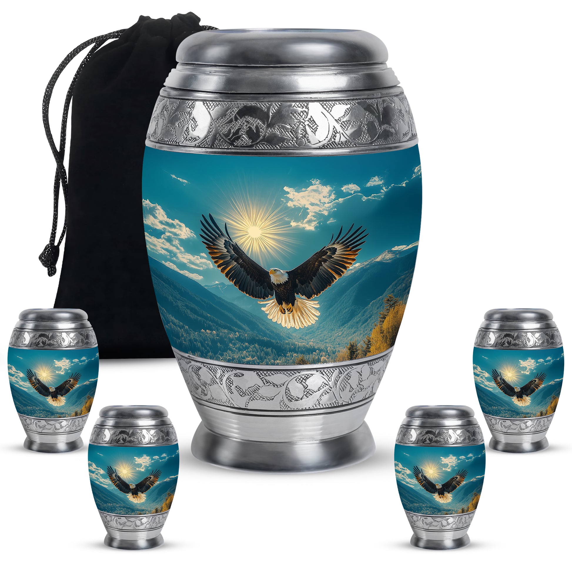 Mystic Teal Eagle Cremation Urn detail view - majestic eagle pattern with filigree border - memorial set with one large and four small urns