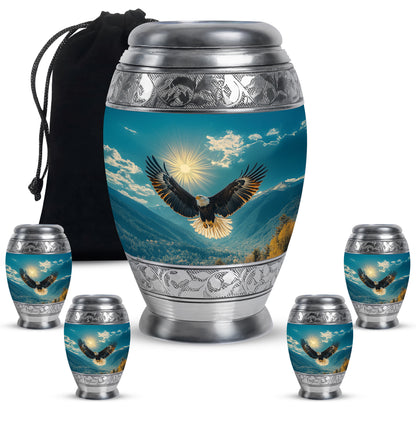 Mystic Teal Eagle Cremation Urn detail view - majestic eagle pattern with filigree border - memorial set with one large and four small urns