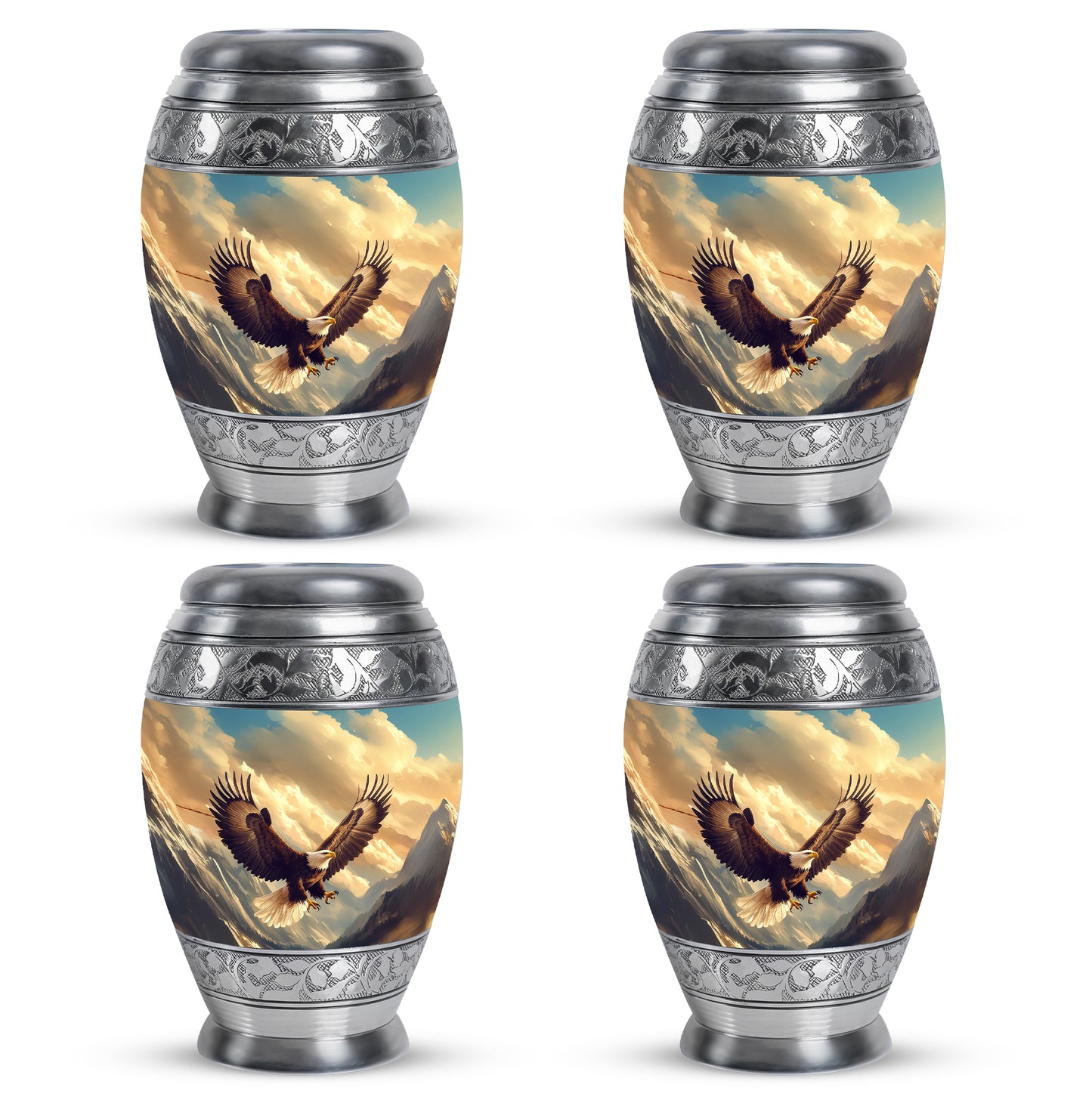 Twilight Blue Eagle Cremation Urn urn with complimentary velvet bag - royal eagle engraving with decorative scrollwork - 10 inch aluminum urn for cremated remains