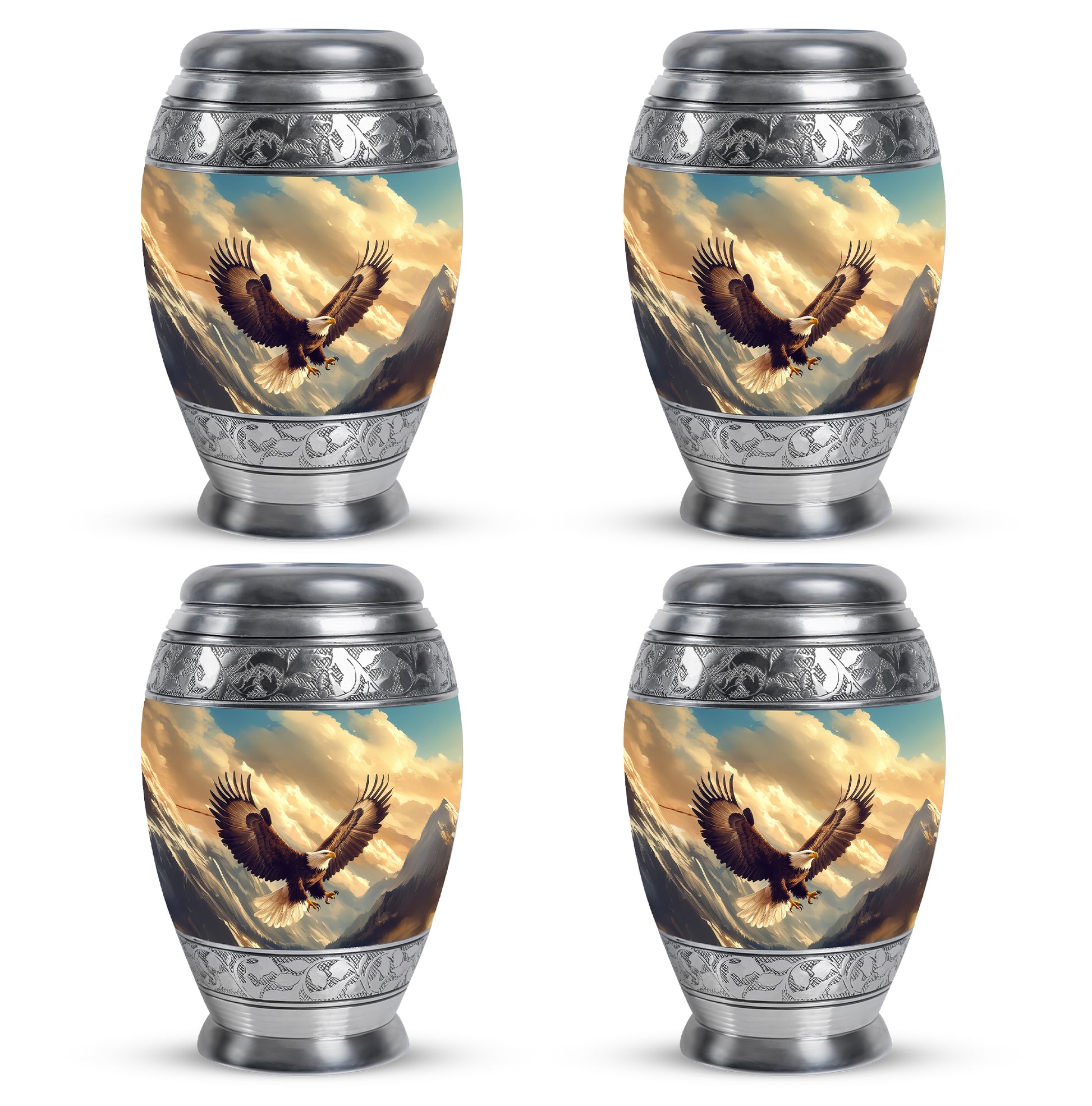 Twilight Blue Eagle Cremation Urn urn with complimentary velvet bag - royal eagle engraving with decorative scrollwork - 10 inch aluminum urn for cremated remains