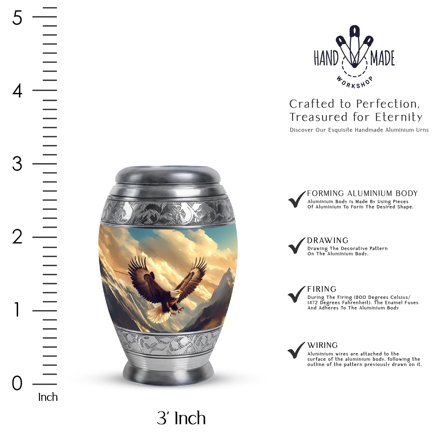Indigo Eagle Cremation Urn lifestyle display on memorial shelf - ornate monarch-style eagle relief on brushed aluminum - mini keepsake memorial for portion of cremation ashes