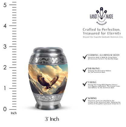 Indigo Eagle Cremation Urn lifestyle display on memorial shelf - ornate monarch-style eagle relief on brushed aluminum - mini keepsake memorial for portion of cremation ashes