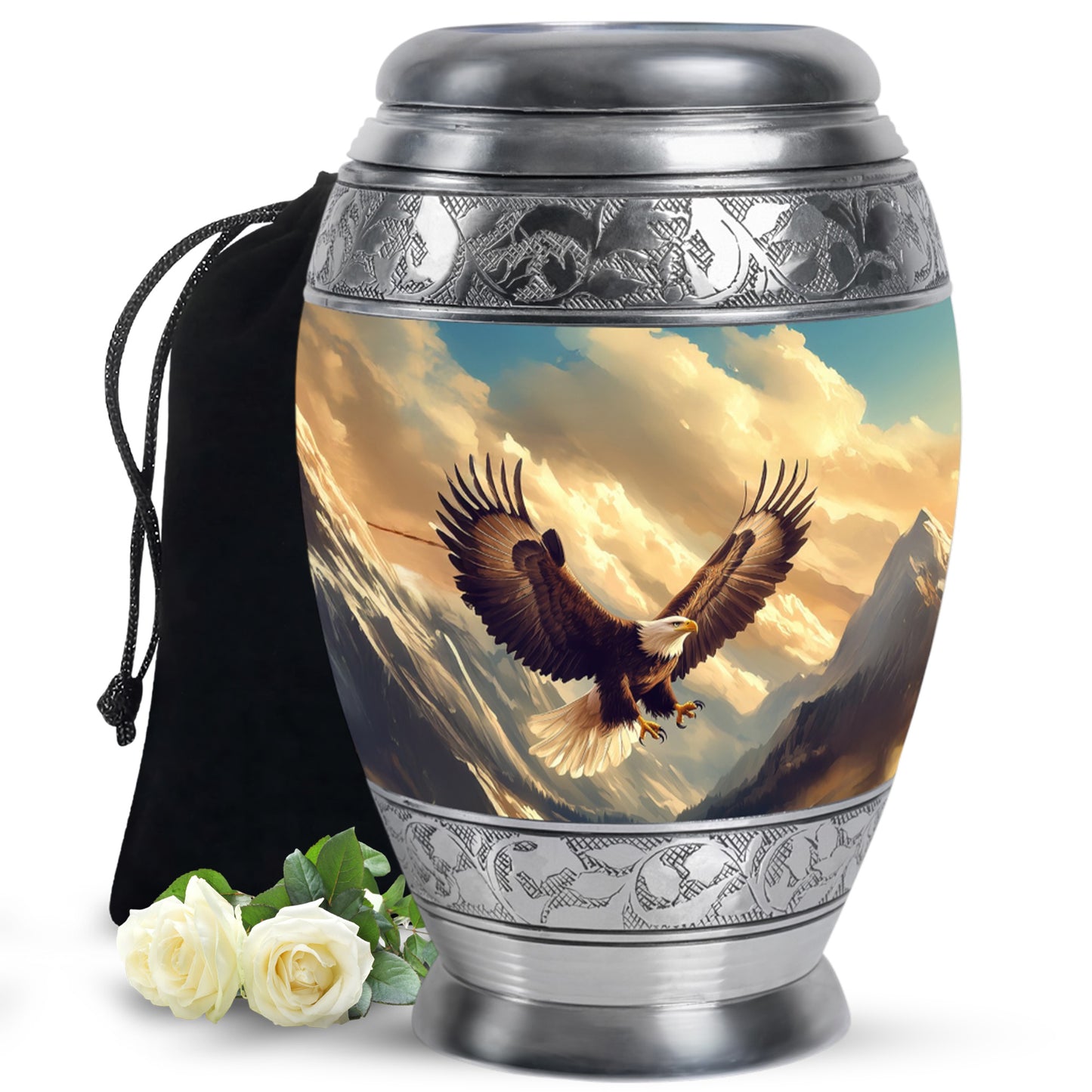 Sky Blue Eagle Cremation Urn back view with polished surface - regal eagle design with crown-inspired accents - full-size 10 inch 200 cubic inch adult cremation urn